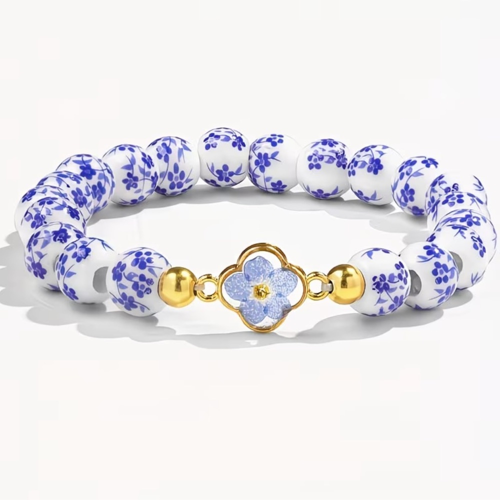 NEW! Blue and White Beaded Bracelet with Gold Accents. Gift for her 💙
